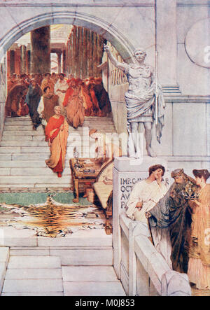 A visit of Agrippa to Augustus, 1st century BC.  Marcus Vipsanius Agrippa, c. 64/62 – 12 BC.  Roman consul, statesman, general and architect. Augustus,  63 BC – 14 AD.  Founder of the Roman Principate and considered the first Roman emperor.  From Hutchinson's History of the Nations, published 1915. Stock Photo