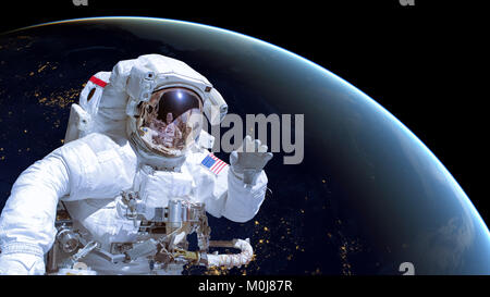 Close up of an astronaut in outer space, earth by night in the background. Elements of this image are furnished by NASA Stock Photo