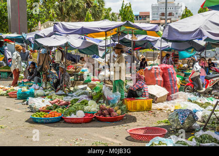 Produce vendors outside the Central Market Hall; Phnom Penh, Cambodia Stock Photo