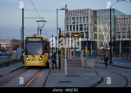 Manchester Metro link tram at  Drake street, Rochdale with a  Rochdale - Exchange square service Stock Photo