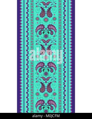 Pink paisley pattern on a turquoise background. Seamless borders isolated on white Stock Vector