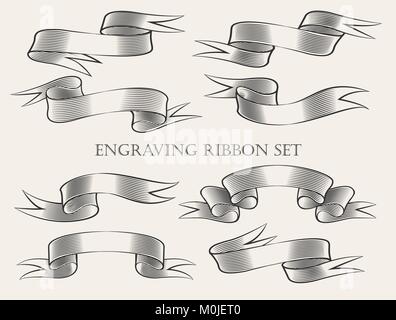 Set of ribbon drawn in engraving style. Elements for retro design. Vector illustration. Stock Vector