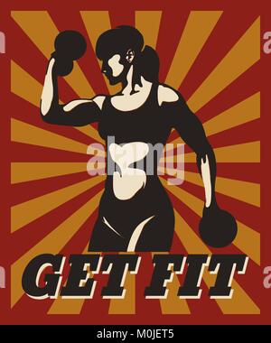 Sport Fitness typographic poster in retro style. Training atletic woman with motivational lettering Get Fit. Design for banner, poster, gym, bodybuild Stock Vector
