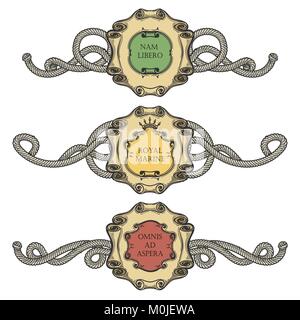 Set of Vintage Cartouche frames with marine ropes. Heraldic elements isolated on white. Vector illustration. Stock Vector