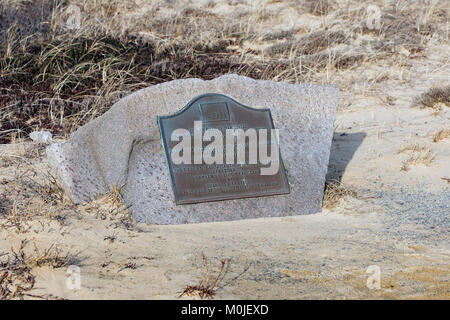 A plaque dedicated to the Marconi transmission site (1903)  in Wellfleet, Massachusetts, USA - part of the Cape Cod National Seashore Stock Photo