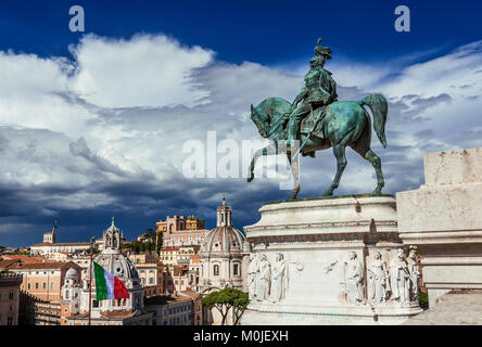 Vittorio Emanuele II King of Italy equestrian monument among clouds in Rome Stock Photo