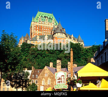 Pavement cafe dominated by the Chateau Frontenac, Quebec City, Quebec,Canada Stock Photo