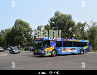 Decorated buses with catchy names, lie the Bound on 30th St, handle  most popular routes in Boulder, CO. Others are Hop, Skip, Jump, Dash. Stock Photo