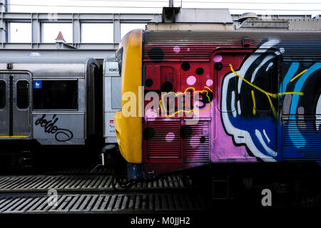 Graffiti work on a train car at the train station of Lisbon, Portugal. Stock Photo