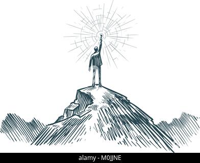 Man stands on top of mountain with torch in hand. Business, achieving goal, success, discovery concept. Sketch vector illustration Stock Vector