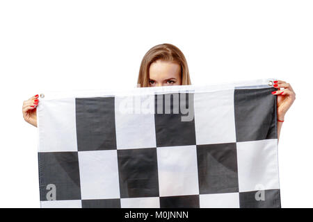 Woman is holding race checkerd flag.  Stock Photo