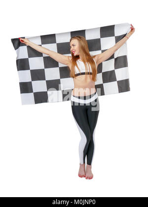 Woman is holding race checkerd flag.  Stock Photo