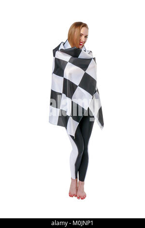 Woman is holding race checkerd flag.  Stock Photo