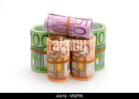 Different Euro banknotes in rolls, 50 Euro, 100 Euro, 500 Euro Stock Photo