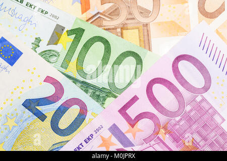 Various euro notes, 20 euro, 100 euro, 500 euro Stock Photo