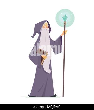 Wizard with magic book and wand - cartoon people characters illustration Stock Vector