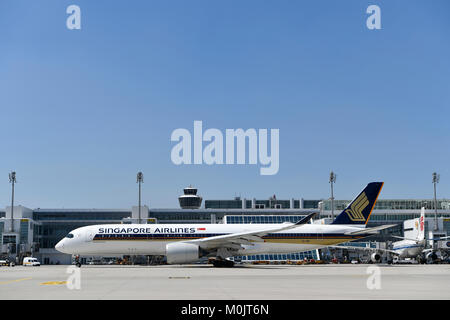 Singapore Airlines, Airbus A350-900, in front of Terminal 2, Munich Airport, Germany Stock Photo