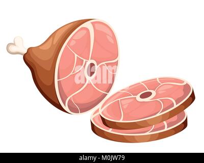 Smoked meat product ham with bone and two slices flat vector illustration on white background web site page and mobile app design Stock Vector