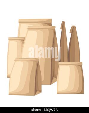 Collection of brown recycled eco paper bag side view and front view flat vector illustration on white background web site page and mobile app design Stock Vector