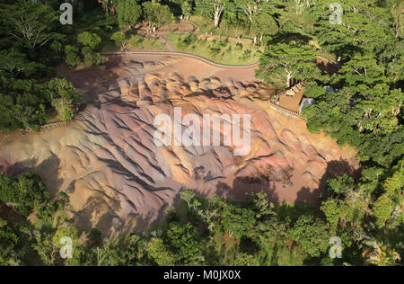 Aerial view of The Seven Coloured Earth(s) (AKA Terres des Sept Couleurs) from a helicopter, Riviere Noire District, Chamarel, The Republic of Mauriti Stock Photo