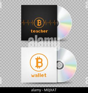 White and black crypto currency bitcoin standing compact disk template with shadow on transparent background. Education e-commerce wallet internet min Stock Vector