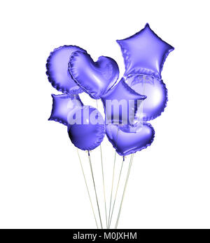 Eight blue balloons in the shapes of a ball, hearts and stars isolated on white background. 3D rendering. Stock Photo