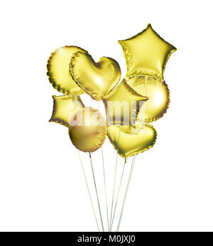 Eight golden balloons in the shapes of a ball, hearts and stars isolated on white background. 3D rendering. Stock Photo