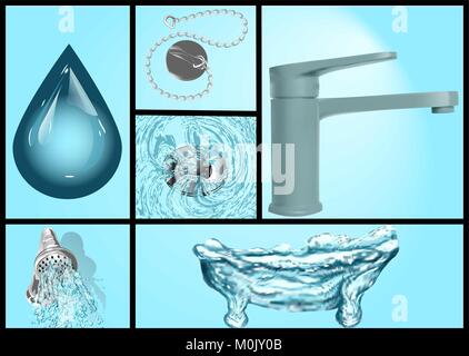 bath and water set. drop, tub and water on blue Stock Vector