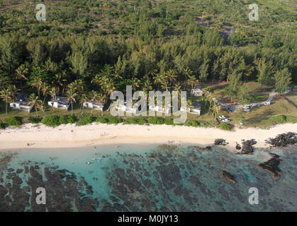 Small chalets on beach, view from helicopter, Savanne District, Republic of Mauritius. Stock Photo