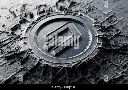 A microscopic closeup concept of cast or mined metal that builds up to form a physical dash cryptocurrency symbol - 3D render Stock Photo
