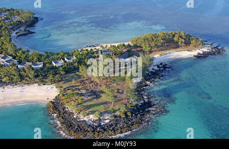 View of rocky coastline with beaches from a helicopter, Savanne District, The Republic of Mauritius. Stock Photo