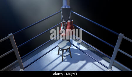 The blue corner of a boxing ring with gloves hanging on a pole spotlit ...