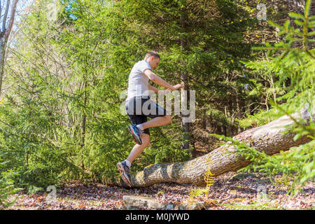 Young happy man running jogging jumping over fallen tree branch in autumn, fall, summer pine forest in mid-air Stock Photo