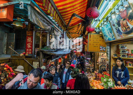 TAIPEI, TAIWAN - DECEMBER 19: This is Jiufen old street, a famous street with market vendors and popular street food on December 19, 2016 in Taipei Stock Photo