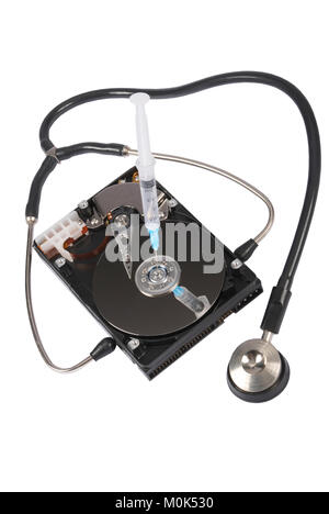 Destroying data from hard disk - conceptual photo. Hard drives and Stethoscope. On white background Stock Photo