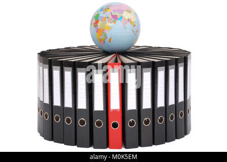 The big black folders located on a circle on a white background. Red folder from above the globe. Stock Photo