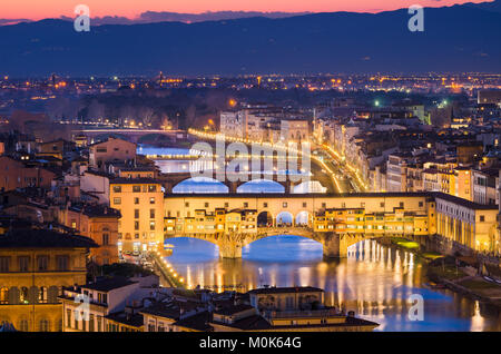 Night skyline of Florence, Italy with Ponte Vecchio Stock Photo