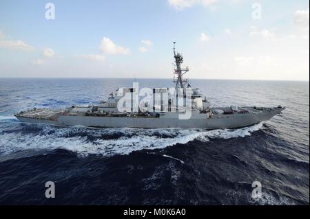 The U.S. Navy Arleigh Burke-class guided-missile destroyer USS Mahan steams underway August 31, 2013 in the Mediterranean Sea. Stock Photo