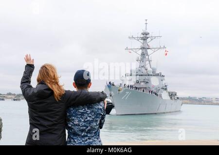 The U.S. Navy Arleigh Burke-class guided-missile destroyer USS Ross departs the Naval Station Rota January 8, 2018 in Rota, Spain. Stock Photo