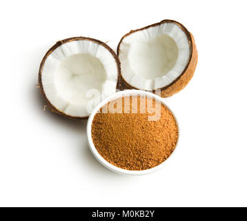 Sweet coconut sugar in bowl isolated on white background. Stock Photo