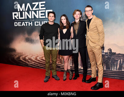 (left to right) Dylan O'Brien, Kaya Scodelario, Thomas Brodie-Sangster and Will Poulter attending the Maze Runner: The Death Cure fan screening held at Vue West End in Leicester Square, London. Stock Photo