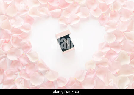 silver key pendant in open white and pink gift box in the middle of heart shaped rose petals on white background Stock Photo