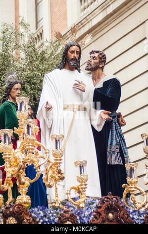 Float of Christ of the brotherhood of 'El Beso de Judas' during its penitential journey on Holy Monday. Stock Photo