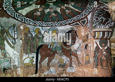 Cupola with Aksumite Saints, below procession of Abuna Yemata, fresco in the rock-hewn church Abuna Yemata Guh, Gheralta region, Tigray, Ethiopia Stock Photo