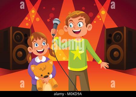 A vector illustration of Happy Children Singing Stock Vector