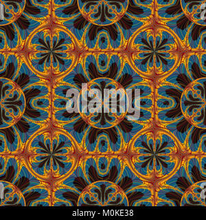 Tapestry-like algorithmic pattern in mostly blue and yellow. Digital art. Stock Photo