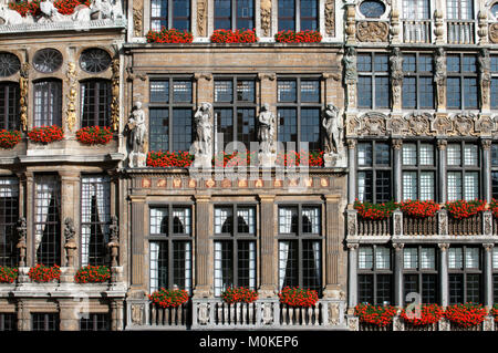 Background buildings Louve, Sac and Brouette. Grand Place, Brussels, Belgium. The Louve, Sac and Brouette are a group of houses that were not rebuilt  Stock Photo