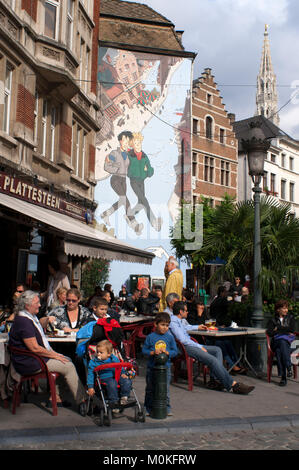 Comic book mural in the street center of Brussels, Route BD. Belgium. Brussels is the comic-book capital of Europe. Stock Photo