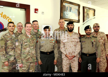 35th Infantry Division hosts a luncheon at the Oasis dining facility with the Kuwait Armed Forces Military Justice Authority Jan. 17. The legal teams met to discuss legal cooperation between the two countries and building a lasting partnership for the future (left to right) Capt. Sam Abourched, Lt. Col. Paul Boyd, Maj. Jeremy Snyder, Col. John Maier, Brig. Gen. Mubarak Al Khurainij, Maj. Gen. Victor Braden, Lt. Col. Jamal Al Kandri, Lt. Col. Qunais Al Adwani, Capt. Mahammad Jalal Jafar. (U.S. Army Stock Photo