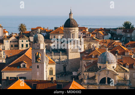 Panoramic view of the historic town of Dubrovnik, one of the most famous tourist destinations in the Mediterranean Sea, at sunset, Dalmatia, Croatia